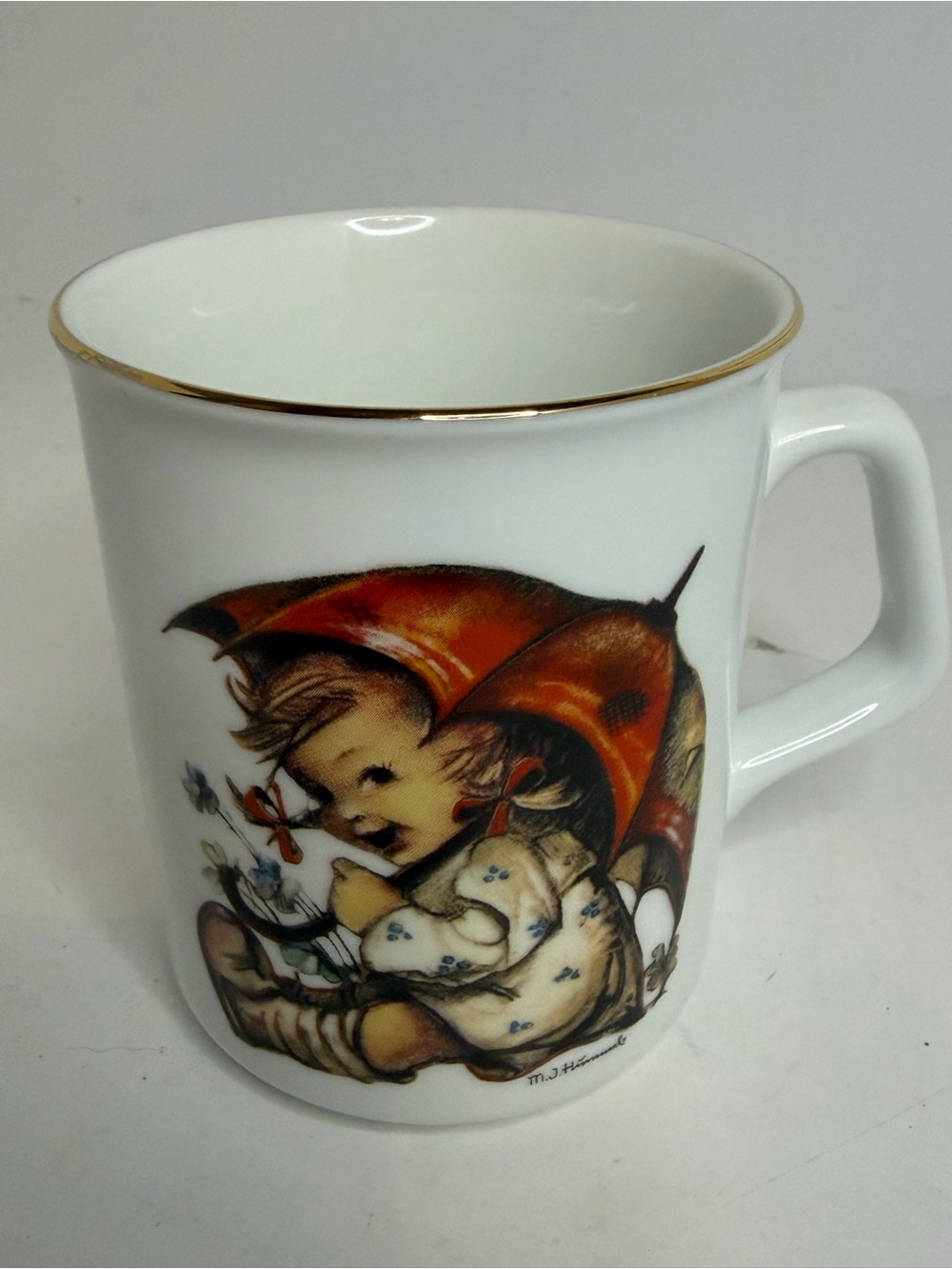 M.J. Hummel Umbrella Girl Porcelain Mug Reutter Porzellan Germany Gold Trim